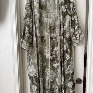 Raj Green Kimono with White Embroidery